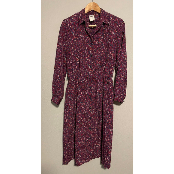Vintage Womens Dress 10 Petite Burgundy Abstract Pleated Button Up Secretary - Picture 1 of 9